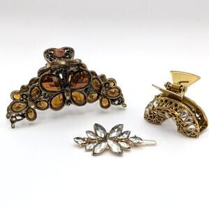 Metal Rhinestone Hair Barrette Clips Claw Butterfly Floral Geometric Set of 3